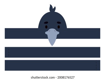 Printable raven paper crown. Diy cut party ribbon template for birthday, christmas, baby shower. Fun accessory for entertainment. Print, cut and glue. Vector stock illustration.