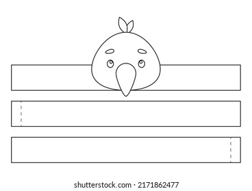 Printable raven paper crown. Fun accessory for entertainment. Diy cut party ribbon template for birthday, christmas, baby shower. Print, color, cut and glue. Vector stock illustration.
