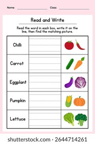 Printable read and match vegetable words worksheet. Read the words, write them, and find the correct vegetable picture. Helps improve vocabulary, writing, and visual recognition.
