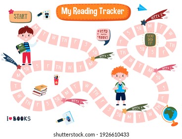 Printable Reading habit tracker for children. School Planner books. Agenda for read. Timetable for student. Schedule to plan reading. 