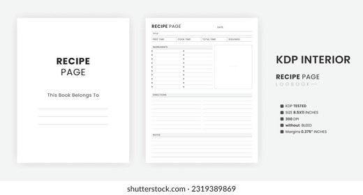 Printable Recipe Page Template Printable KDP interior