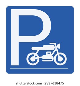 Printable rectangle blue and white motorcycle, motor bike, motorbike parking area sign with P letter and vintage motor bike symbol