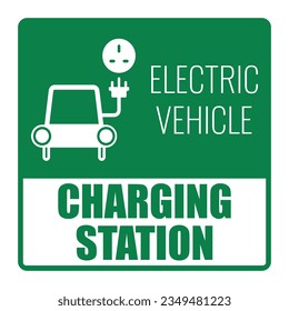 Signo de color verde y blanco de rectángulo imprimible de la estación de carga del coche eléctrico pictograma, zona de estacionamiento eléctrico vehicular con carga de batería