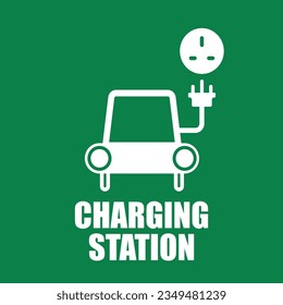 Signo de color verde y blanco de rectángulo imprimible de la estación de carga del coche eléctrico pictograma, zona de estacionamiento eléctrico vehicular con carga de batería
