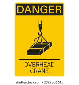 Printable rectangle yellow safety sign overhead crane, risk of fall from height, wire sling break, for industrial engineering crane safety sign