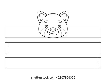 Printable red panda paper crown. Fun accessory for entertainment. Diy cut party ribbon template for birthday, christmas, baby shower. Print, color, cut and glue. Vector stock illustration.