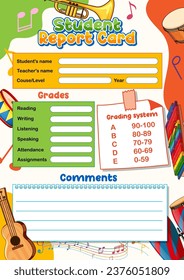 A printable report card template with a cartoon-style music instruments theme