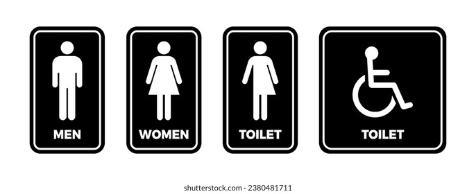 Printable Restroom Sign with Men, Women,Wheelchair users and Gender Neutrals. Black and White minimalist Symbol. Vector Illustration