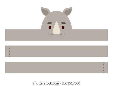 Printable rhino paper crown. Diy cut party ribbon template for birthday, christmas, baby shower. Fun accessory for entertainment. Print, cut and glue. Vector stock illustration.