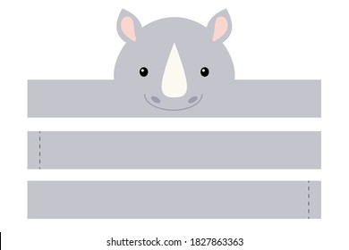 Printable rhino paper hat. Party crown die cut template for birthday, christmas, baby shower. Fun accessory for entertainment. Paper crown mock up isolated on white background. Print, cut and glue.