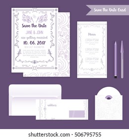 Printable Save the date with geometric blue frame in linear style. element for design with menu and envelope,cd, leaves, tree and birds.