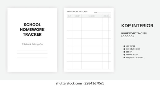 Printable School Homework Tracker, A Billings Two page in US letter size on a white background and the Homework Tracker page with the KDP Interior specification to the right.  