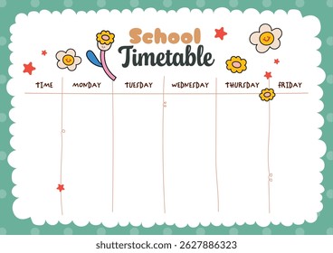 Printable school time table layout designed for kids to organize daily schedules and prepare for back to school season with a fun and functional learning template