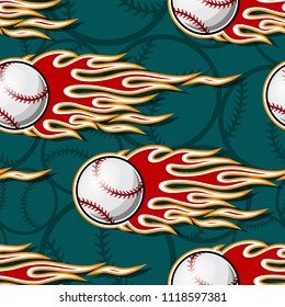 Printable seamless pattern with baseball softball ball and hotrod flame. Vector illustration. Ideal for wallpaper packaging fabric textile wrapping paper design and any decoration.