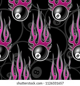 Printable seamless pattern with billiards pool snooker 8 ball symbols and hotrod flame. Vector illustration. Ideal for wallpaper packaging fabric textile wrapping paper design.