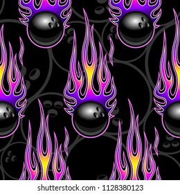 Printable seamless pattern with bowling ball and hotrod flame. Vector illustration. Ideal for wallpaper packaging fabric textile wrapping paper design and any decoration.