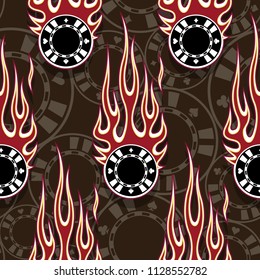Printable seamless pattern with casino poker chips symbols and hotrod flame. Digital vector illustration. Ideal for wallpaper packaging fabric textile wrapping paper design.