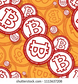 Printable seamless pattern of digital bitcoin crypto currency symbol. Vector illustration. Ideal for wallpaper, wrapping, packaging, any print and textile design.