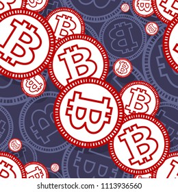 Printable seamless pattern of digital bitcoin crypto currency symbol. Vector illustration. Ideal for wallpaper, wrapping, packaging, any print and textile design.