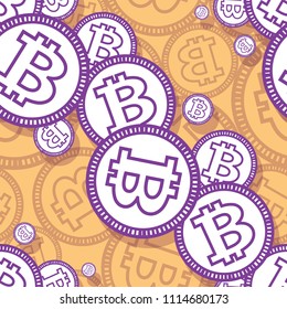 Printable seamless pattern of digital bitcoin crypto currency symbol. Vector illustration. Ideal for wallpaper, wrapping, packaging, any print and textile design.