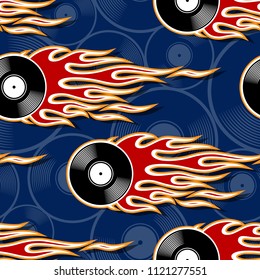 Printable seamless pattern with retro vintage vinyl record icon and hotrod flame. Digital vector illustration. Ideal for wallpaper packaging fabric textile wrapping paper design.