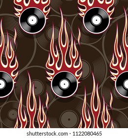 Printable seamless pattern with retro vintage vinyl record icon and hotrod flame. Digital vector illustration. Ideal for wallpaper packaging fabric textile wrapping paper design.