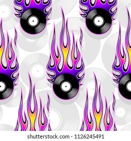 Printable seamless pattern with retro vintage vinyl record icon and hotrod flame. Digital vector illustration. Ideal for wallpaper packaging fabric textile wrapping paper design.