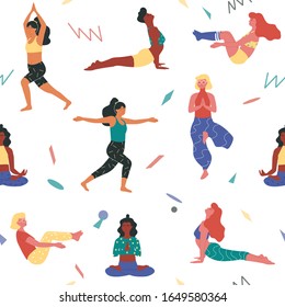 Printable seamless pattern template with the women in such yoga poses as boat, tree, warrior, cobra postures and burmese position. Physical activity and mental health. Hobby and interests.