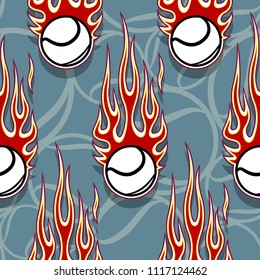 Printable seamless pattern with tennis ball and hotrod flame. Vector illustration. Ideal for wallpaper packaging fabric textile wrapping paper design and any decoration.