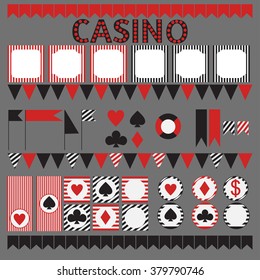 Printable set of  casino party elements. Templates, labels, icons and wraps vector