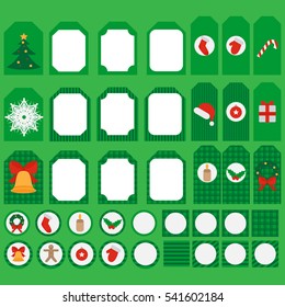Printable set of Christmas and New Year party elements. Templates, labels, icons and wraps with Gift, holly, jingle bells, cookie, Xmas tree ball, mittens, fir tree and candycane. Design elements.