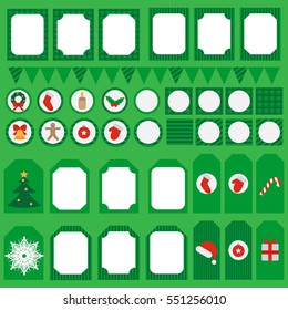 Printable set of Christmas and New Year party elements. Templates, labels, icons and wraps with Gift, holly, jingle bells, cookie, Xmas tree ball, mittens, fir tree and candycane. Design elements.