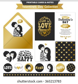 Printable set with couple in love together and lettering. Valentine hand drawn vector invitation cards, stickers and banners for your design.