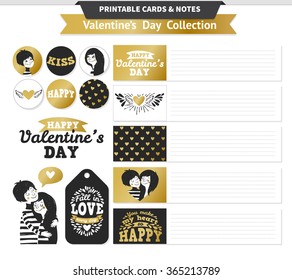 Printable set with couple in love together and lettering. Valentine hand drawn vector notes, stickers and banners for your design.