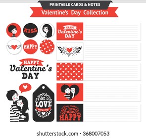 Printable set with couple in love together and lettering. Valentine hand drawn vector cards, notes, stickers and banners for your design.