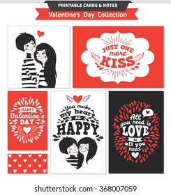 Printable set with couple in love together and lettering. Valentine hand drawn vector cards, notes, stickers and banners for your design.