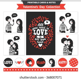 Printable set with couple in love together and lettering. Valentine hand drawn vector cards, notes, stickers and banners for your design.