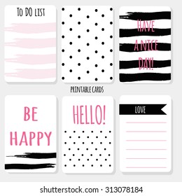Printable set  design cards polka dot. Pink and black