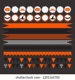 Printable set of Halloween party elements. Templates, labels, icons and wraps with pumpkin, cat, hat, witch pot, bat and shoes silhouette. Greeting card and invitation symbols vector illustration
