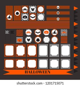 Printable set of Halloween party elements. Templates, labels, icons and wraps with pumpkin, cat, hat, witch pot, bat and shoes silhouette. Greeting card and invitation symbols vector illustration
