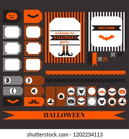 Printable set of Halloween party elements. Templates, labels, icons and wraps with pumpkin, cat, hat, witch pot, bat and shoes silhouette. Greeting card and invitation symbols vector illustration