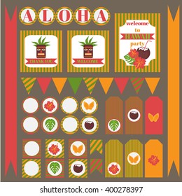 Printable set of hawaii party elements. Templates and labels, icons, flags and wraps vector