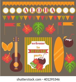 Printable set of hawaii party elements. Templates and labels, icons, flags and wraps vector