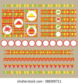 Printable set of indian Holi party, festival of colours elements. Templates, labels, icons and wraps vector