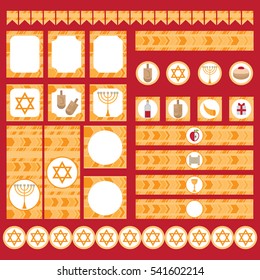 Printable set of Jewish holiday Hanukkah party elements. Templates, labels, icons and wraps with traditional donuts, holiday candlestick menora and scroll, horn and wooden spinning top and coins.