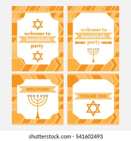 Printable set of Jewish holiday Hanukkah party elements. Templates, labels, icons and wraps. with traditional donuts, holiday candlestick menora and scroll, horn and wooden spinning top and coins. 