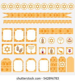 Printable set of Jewish holiday Hanukkah party elements. Templates, labels, icons and wraps with traditional donuts, holiday candlestick menora and scroll, horn and wooden spinning top and coins. 