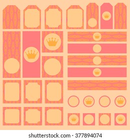 Printable set of luxury vintage princess party elements. Templates, labels, icons and wraps