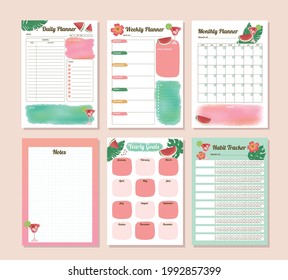 Printable set of productivity watermelon watercolor, daily, monthly, yearly and habit tracker planner 