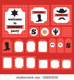 Printable set of vintage cowboy party elements. Templates, labels, icons and wraps